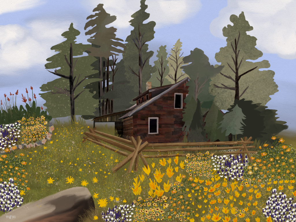 a digital mosaic of a cabin