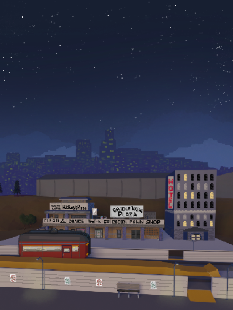 illustration of shopping center in the style of low-res pixel art