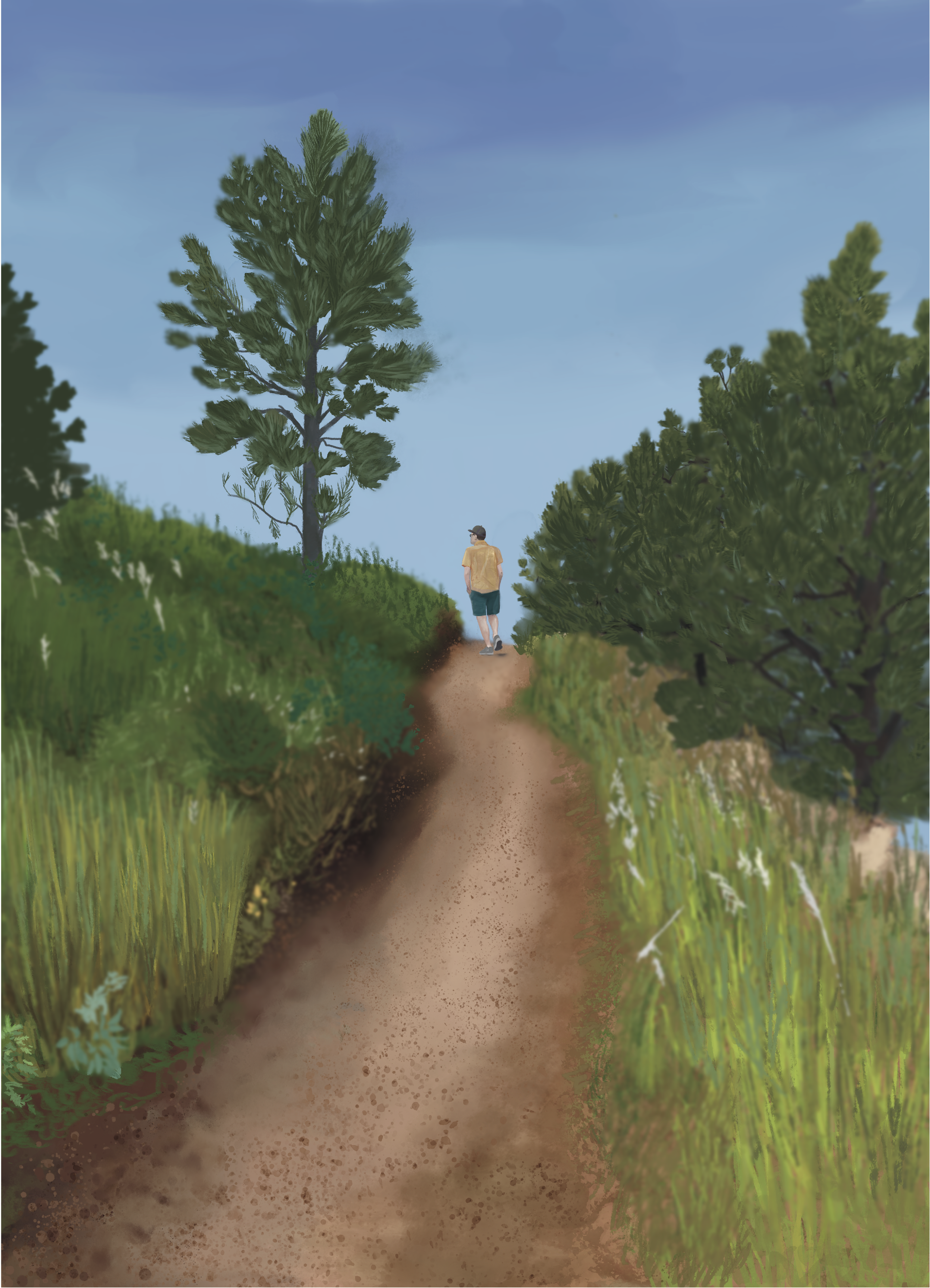 painting of a man hiking a forest trail
